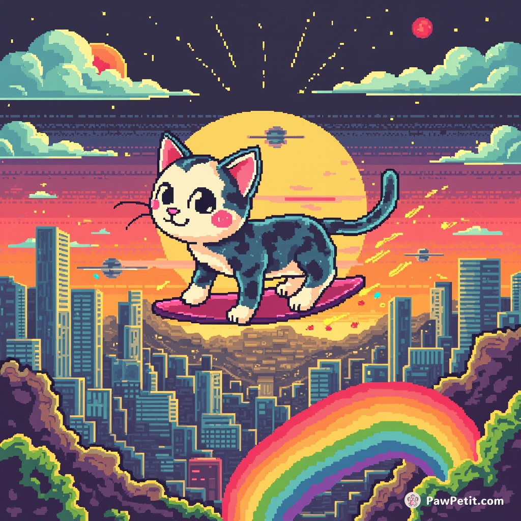 A cat surfing on a rainbow over an alien cityscape, flipping pancakes with its tail.