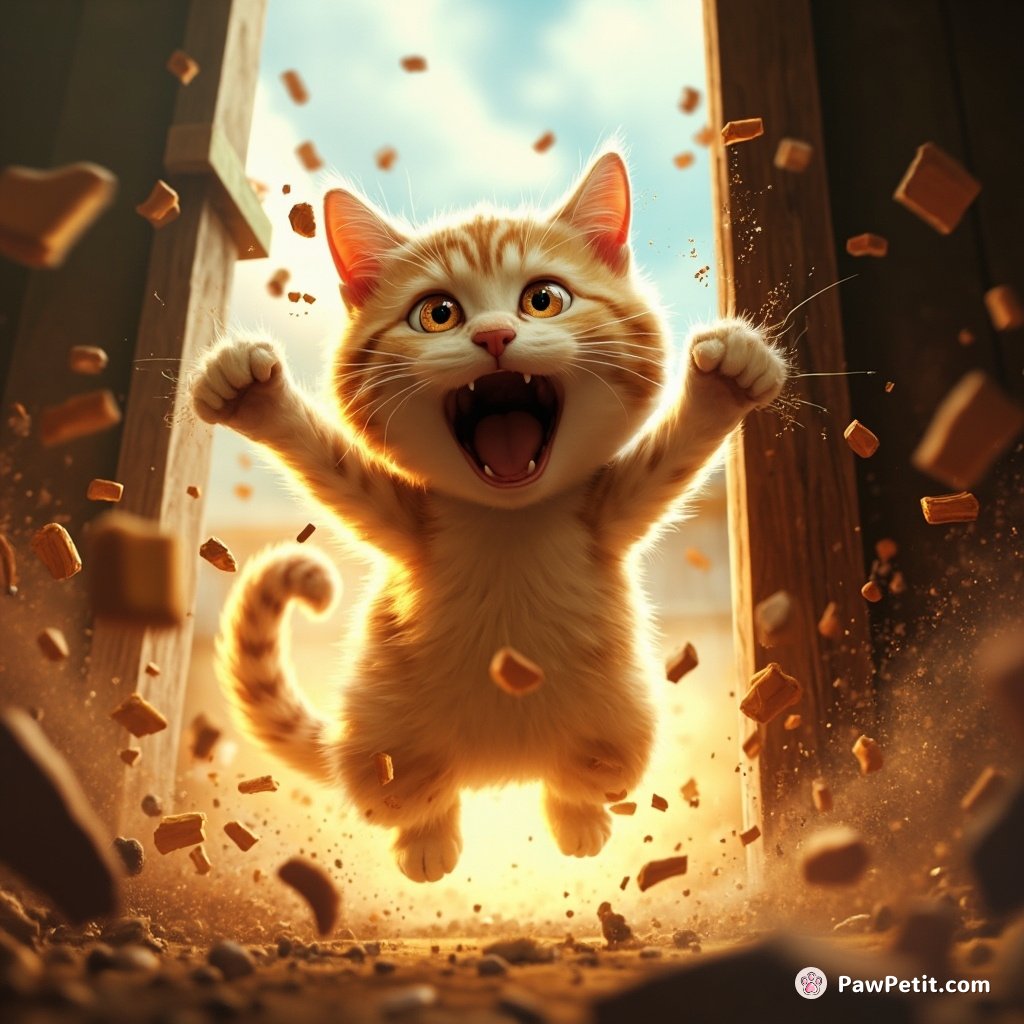 Chaos erupts as the cat, boldly, ambitiously swings open the back gate, eyes ablaze in adventure’s vivid thrill.