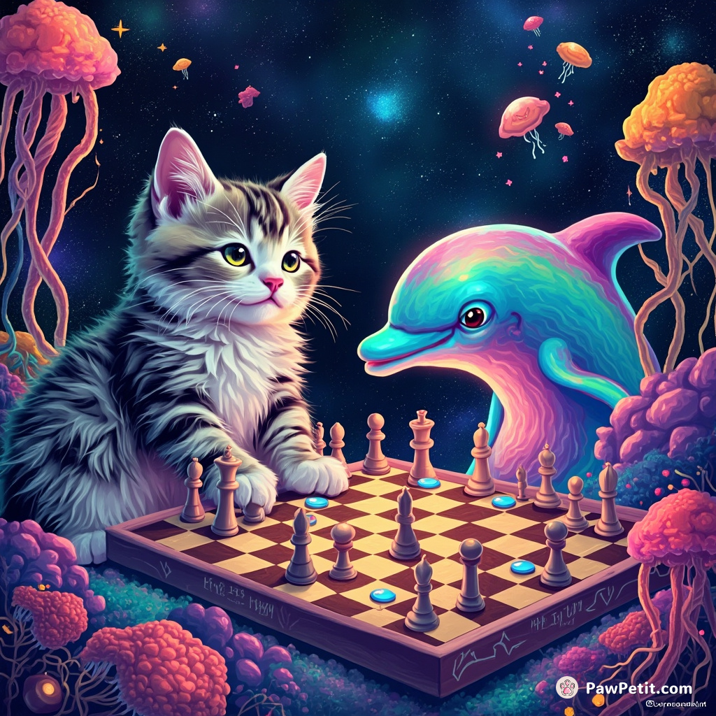 A cosmic feline playing chess with a neon dolphin amidst rainbow jellyfish next to an intergalactic sushi canal.
