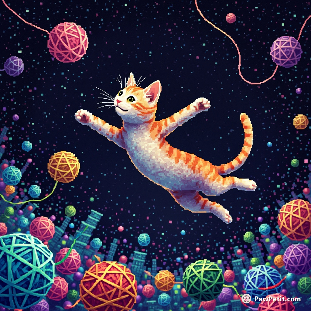 Digital cat, skillfully leapfrogs through data clusters, chasing catchable binary-coded yarn balls in her infinite virtual playground.