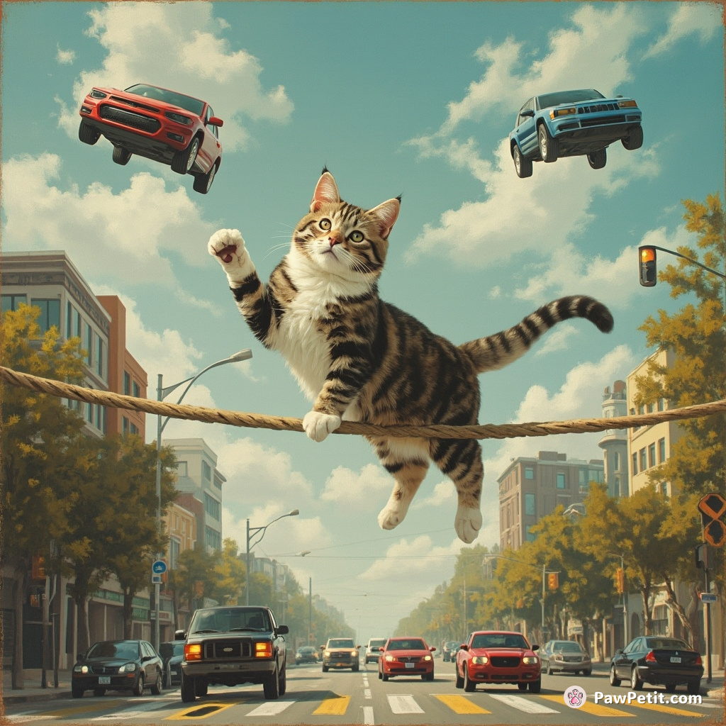A high-wire cat bypasses flying cars, effortlessly palming human anxiety, navigating 3D crosswalk screens with feline quad-dexterity.
