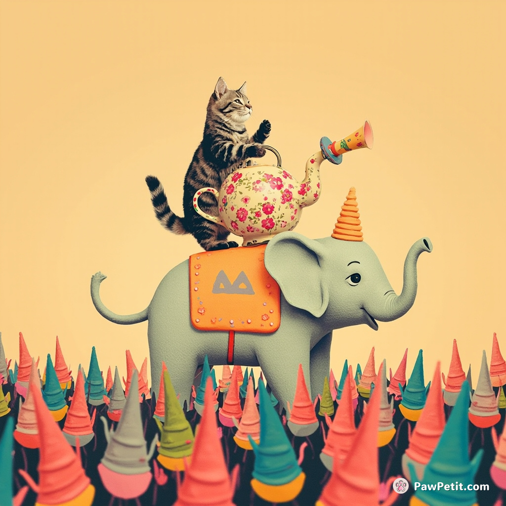 Cat balancing on a circus elephant, playing a floral teapot like a trumpet while an audience of neon gnomes claps enthusiastically.