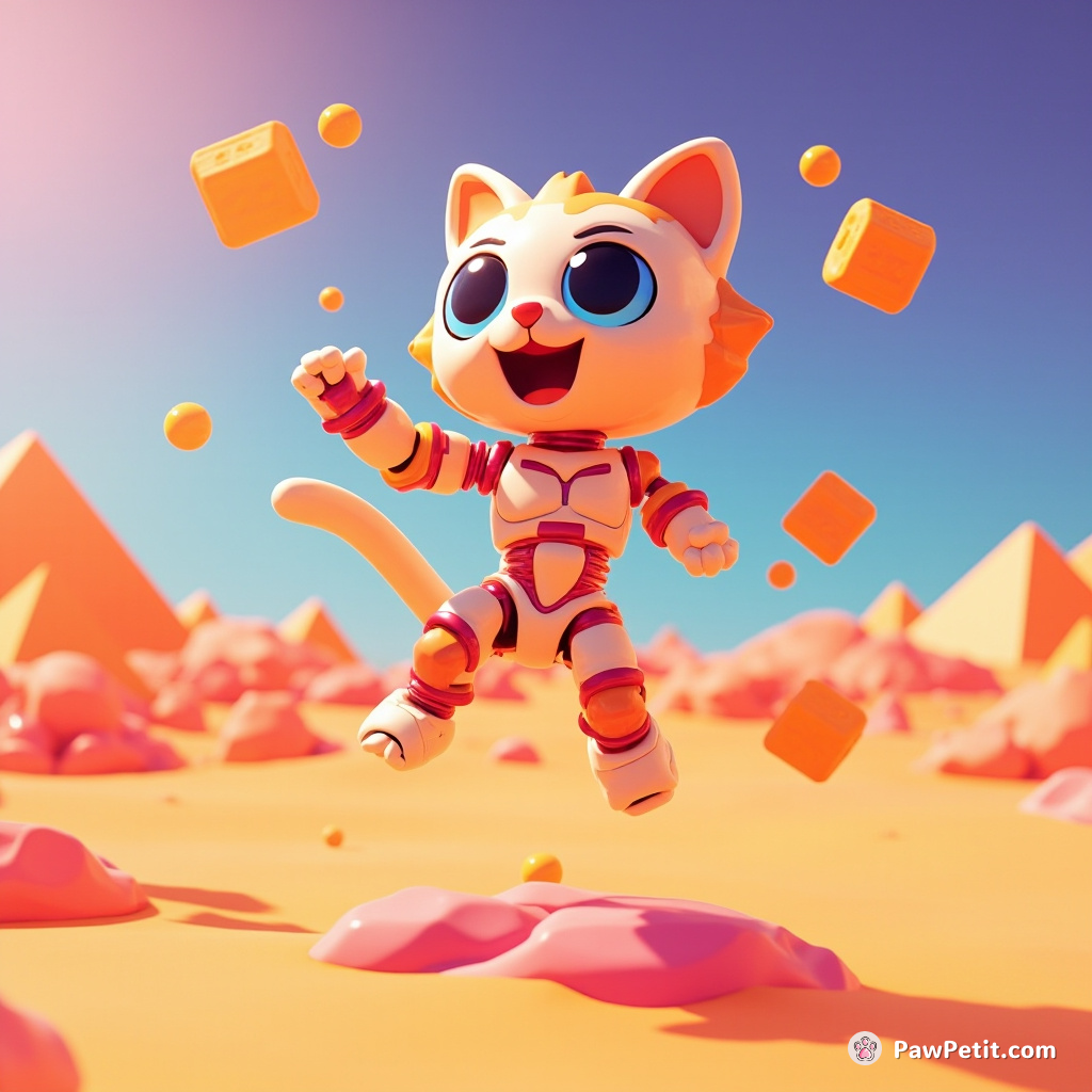 Cyborg cat floating above a technicolor desert, juggling miniature pyramids.