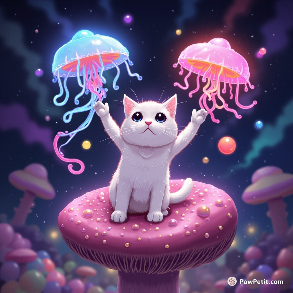 Cat juggling neon jellyfish on a floating mushroom in a galaxy-themed circus.