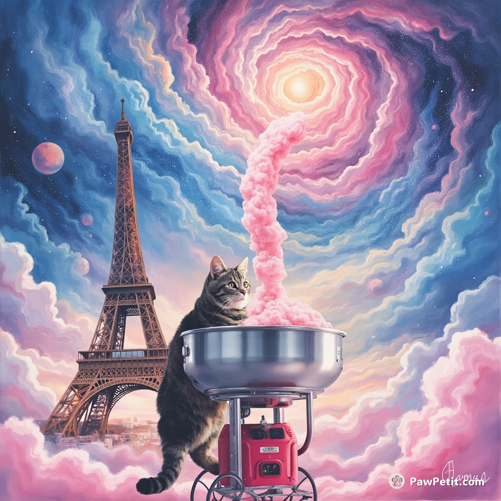 Cat operating a candy cotton machine, swirling a cosmic nebula as cotton candy atop the Eiffel Tower.