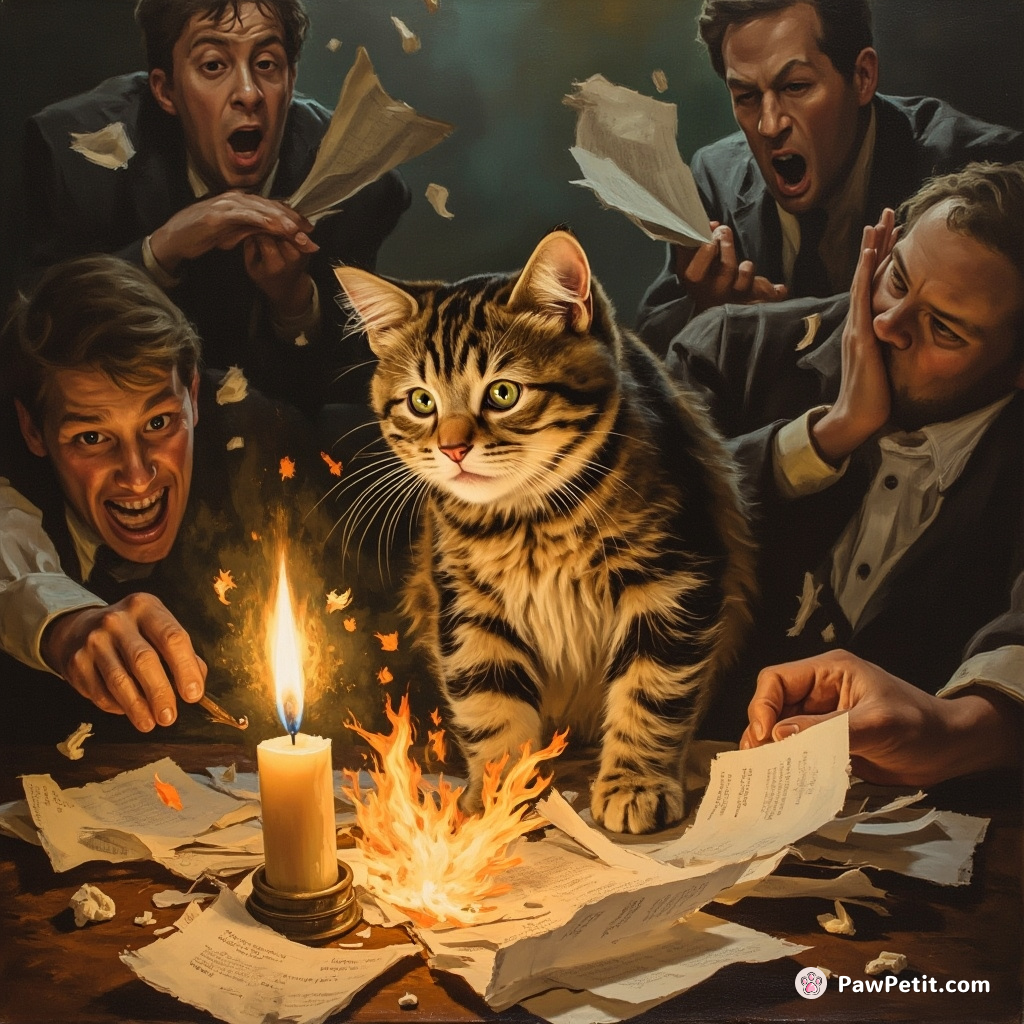 Frantic cat knocks over a candle, igniting papers, as humans scramble to extinguish the flames and save the day.