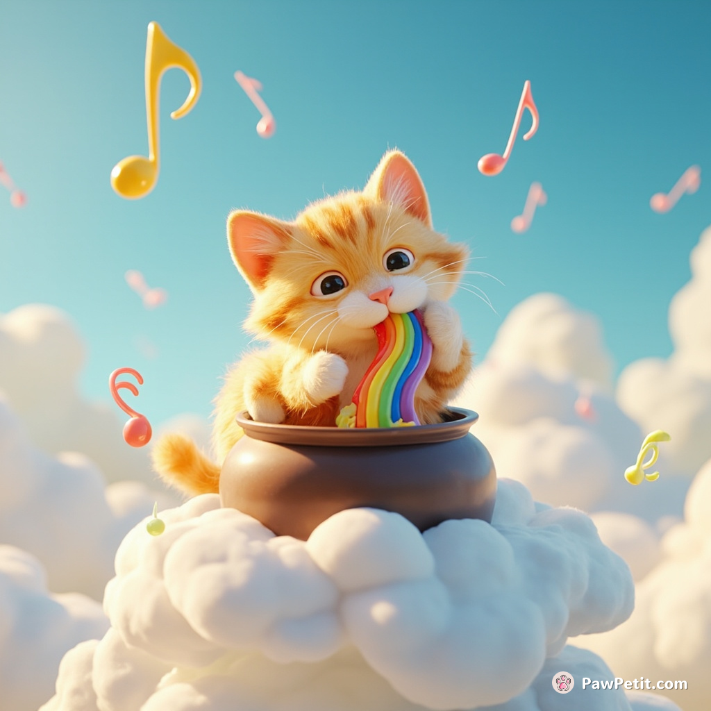 Cat stirring pot of rainbow on top of a floating cloud, surrounded by musical notes.