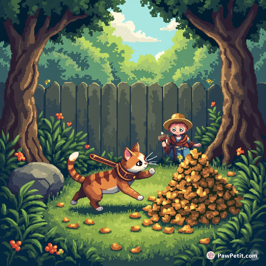 **Scenario:** A cat embarks on a quest to conquer the backyard jungle.

**Highlighted Action:** The cat pounces on a leaf pile, mistaking it for a fearsome beast.