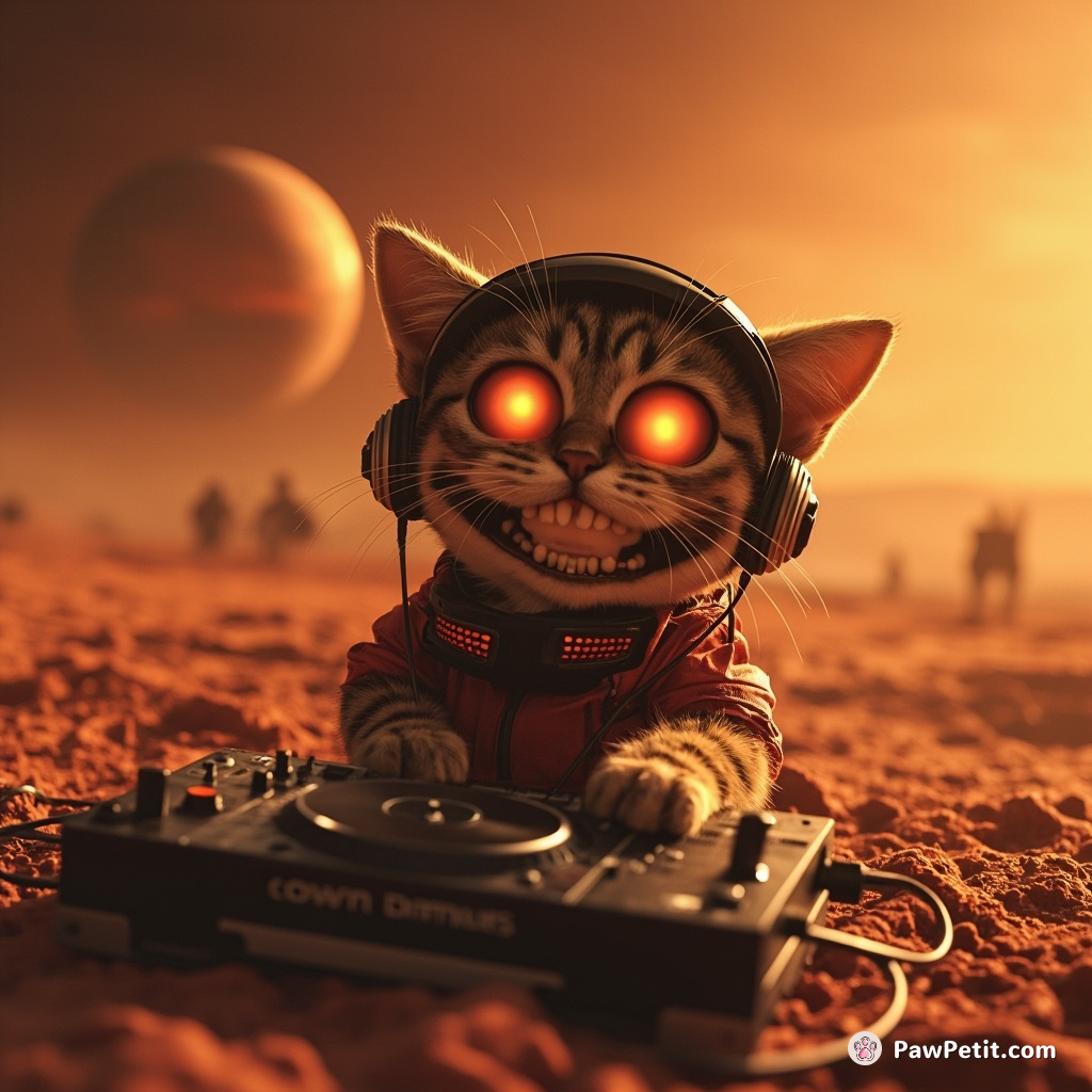 A four-eyed grinning cat DJ fueling an epic dance party on Mars.