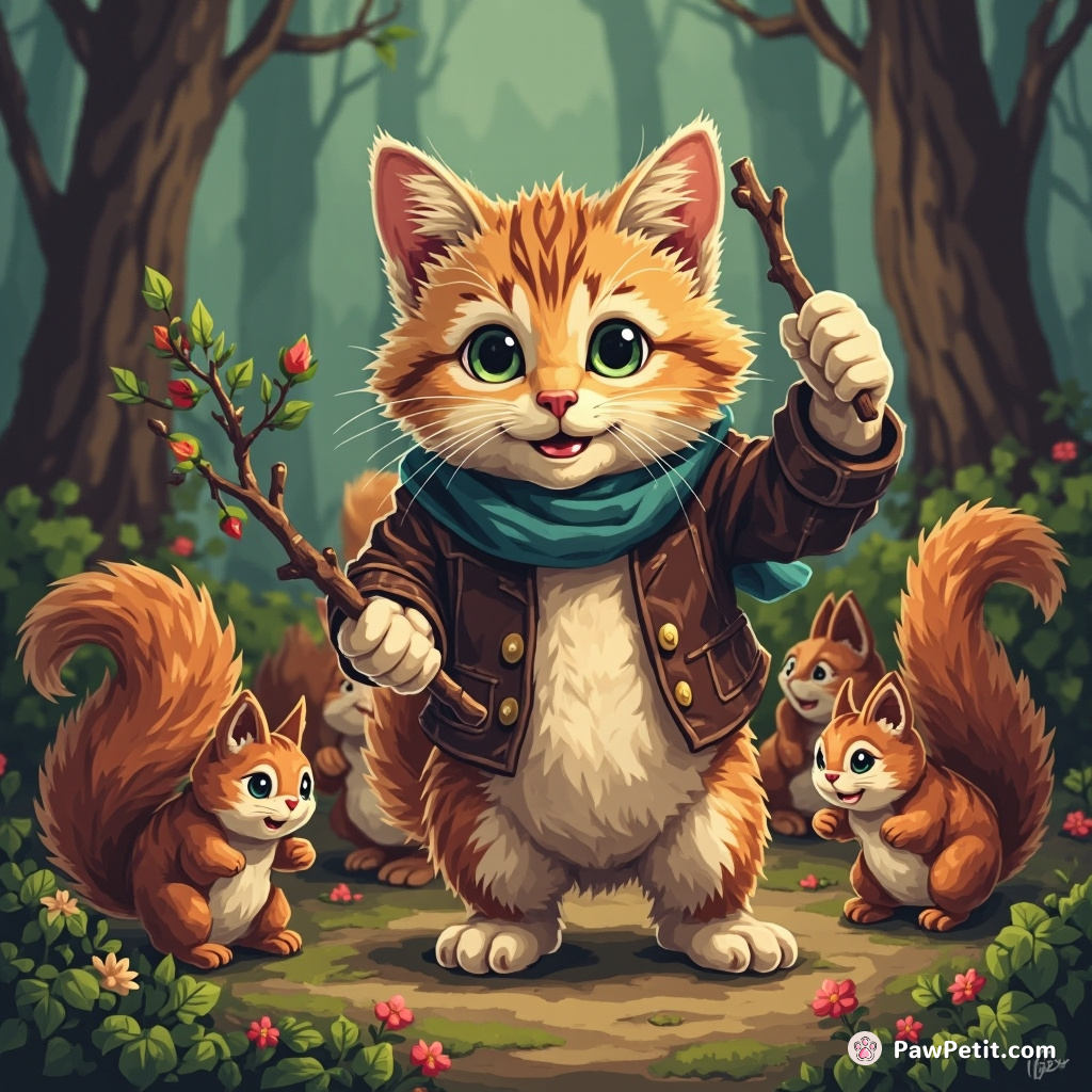 The cat rallies squirrels for a heist, expertly wielding a tiny twig like a conductor's baton.