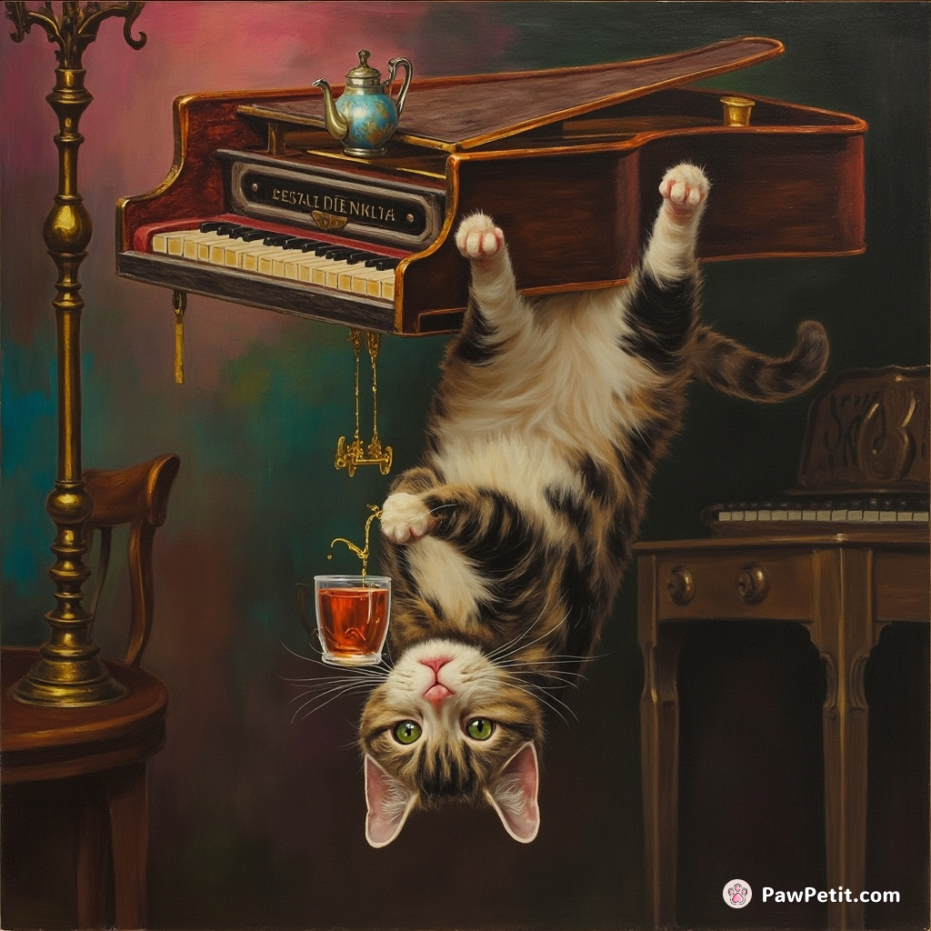A Victorian-era cat sipping neon tea upside-down from a piano-shaped tea kettle in a gravity-defying salon.