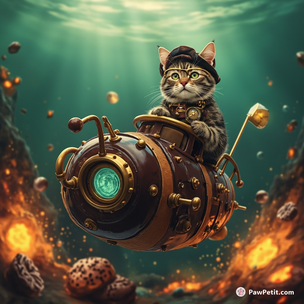 A steampunk cat piloting a chocolate donut submarine in an underwater world filled with molten cheese-lava eruptions and truffle treasures.