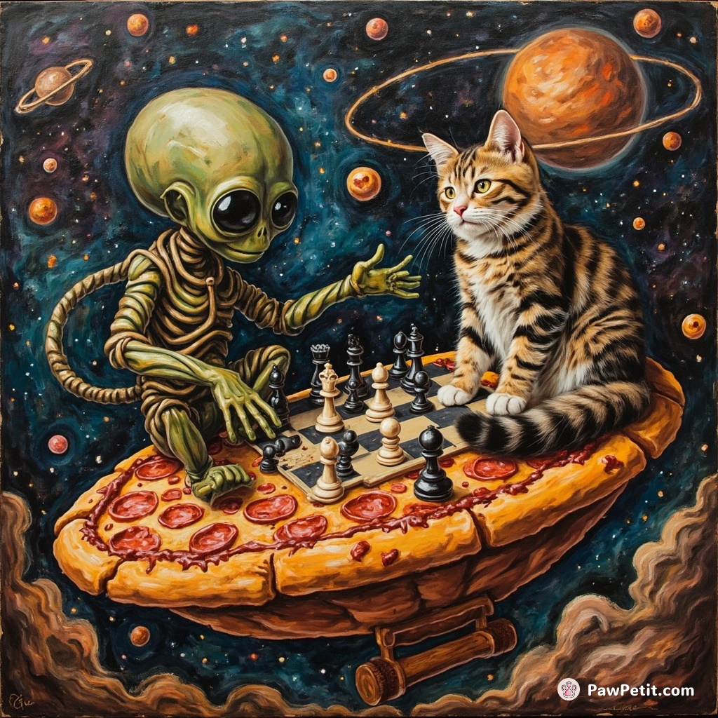 Psychedelic cat playing chess with an alien on a spaceship made of pizza.